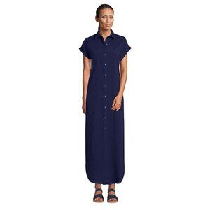 Lands’ End Cotton Gauze Button Front Maxi Dress in Navy